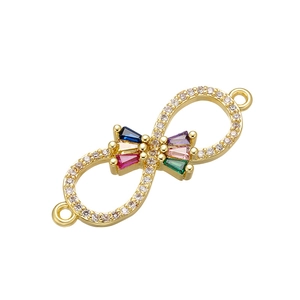 Detailed view of infinity connector with colorful cubic zirconia in gold plating
