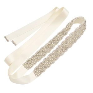 Sparkling bridal sash belt with crystal beads and white satin ribbon for wedding dresses