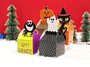 Detail of Halloween candy boxes featuring spider, ghost, pumpkin and black cat designs