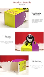 Detailed view of Halloween food grade paper gift box with cartoon spider and 3D cut details
