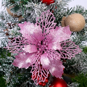 Pink glitter artificial poinsettia flower for Christmas tree decoration with hollow petals