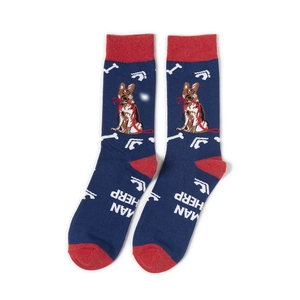 Detail of navy cotton crew socks with red accents and German Shepherd knitted pattern