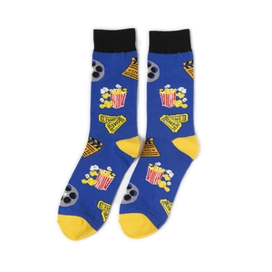Detail of blue movie-themed crew socks featuring popcorn and film ticket knit patterns