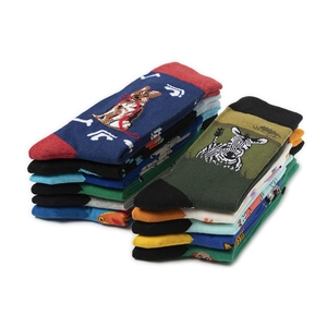 Close-up of assorted cotton crew socks featuring vibrant cartoon animal patterns and motifs
