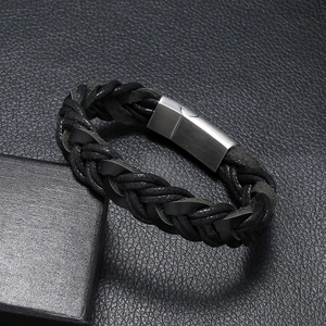 Men's braided black leather bracelet with brushed stainless steel magnetic clasp