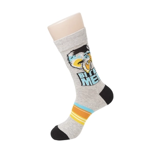 Close-up of grey cotton mid-calf socks featuring 'BITE ME' text and orange-blue stripes