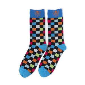 Vue détaillée de chaussettes en coton avec motif en damier multicolore et broderie de poulpe