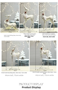 Detailed sizes and designs of iron Christmas reindeer statues with gold and silver glitter