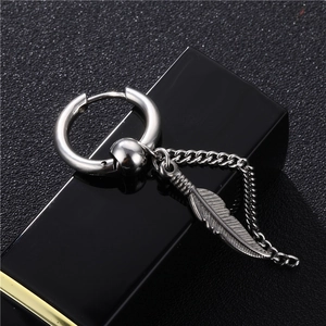 Silver stainless steel huggie hoop earring with feather pendant and tassel chain detail