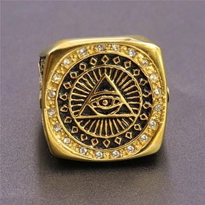 Gold plated stainless steel Eye of Providence signet ring with cubic zirconia stones