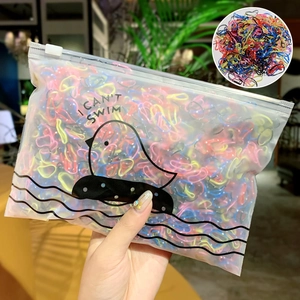 Colorful elastic hair ties in a frosted zipper bag featuring cartoon bird graphics