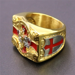 Men's gold-tone stainless steel signet ring with red enamel cross and masonic emblem