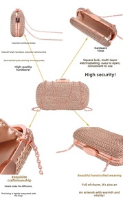 Detailed views of rose gold woven evening bag with metallic frame and chain strap