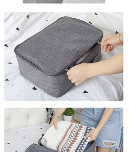 Détail de la fermeture éclair et du rangement plié d'un sac de voyage gris pratique