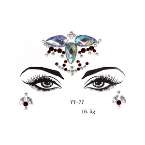 Detailed view of iridescent resin face gems for forehead and eyes decoration, model YT-77