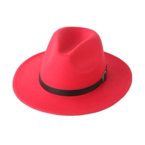 Classic red wool fedora hat with black leather belt and gold buckle on white background