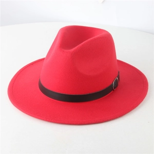 Detailed view of the red wool fedora hat featuring a black leather band and silver buckle