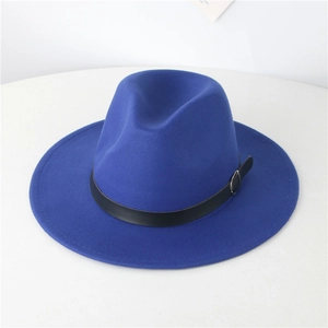 Detail of the royal blue wool felt fedora featuring a black leather belt and silver buckle