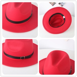 Detailed views of the red wool felt fedora with black leather belt and silver buckle