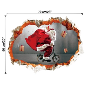 Sticker mural 3D Père Noël à vélo avec dimensions détaillées de 70x50 cm