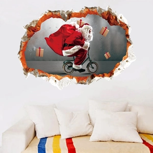 Sticker mural de Noël 3D avec le Père Noël à vélo pour décoration de salon et chambre
