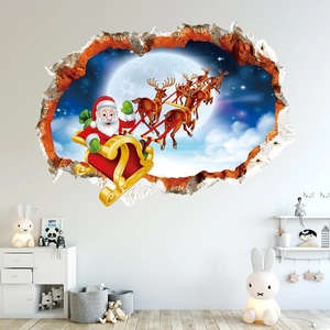 3D Christmas wall sticker featuring Santa Claus on a reindeer sleigh for kids room decoration