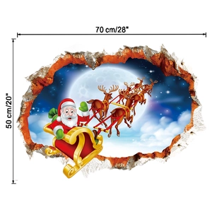 Detailed dimension layout of 3D Santa and reindeer sleigh wall sticker, 70x50 cm size