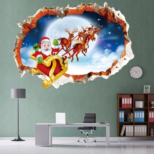 3D Christmas wall sticker with Santa and reindeer sleigh breaking through a green wall