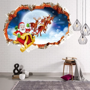 3D Christmas wall sticker of Santa Claus on a bike over a white brick wall in a living room