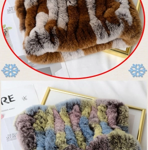 Close-up of thick knitted faux rabbit fur neck warmers in brown and multi-color patterns