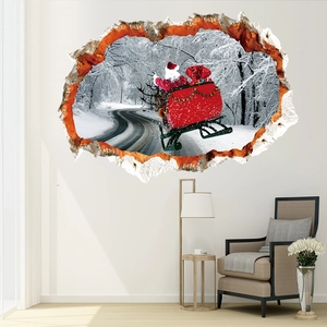Sticker mural 3D Père Noël avec traîneau et effet de mur brisé pour décoration de salon