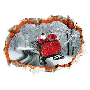 Sticker mural 3D de Noël montrant le Père Noël sur un traîneau traversant un mur de briques