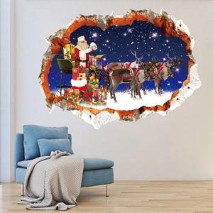 3D cracked wall decal featuring Santa Claus in a reindeer sleigh over snow scenery