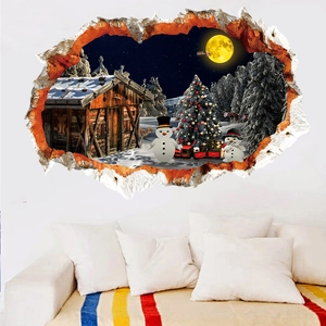 Sticker mural 3D de Noël avec bonhomme de neige et chalet pour décoration intérieure