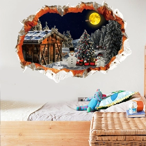 Sticker mural 3D détaillé montrant un bonhomme de neige et un renne à travers un mur