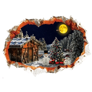 Sticker mural de Noël 3D avec bonhomme de neige et renne dans un design créatif de mur brisé