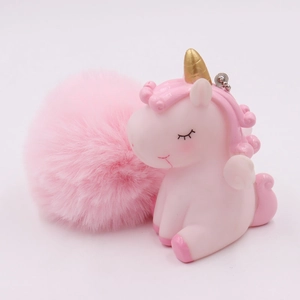 Cute Unicorn Keychain Faux Fur Pompom Bag Pendant Cartoon Vinyl Figure Car Keyring For Women Girls