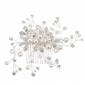 Detail of silver bridal hair comb with pearls and rhinestones in floral vine design