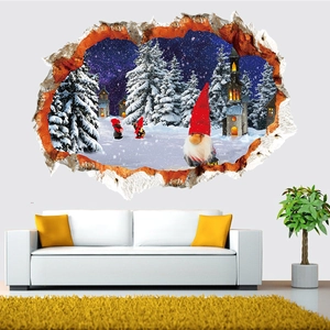 3D wall sticker detail of snowy forest and gnome in broken wall visual effect