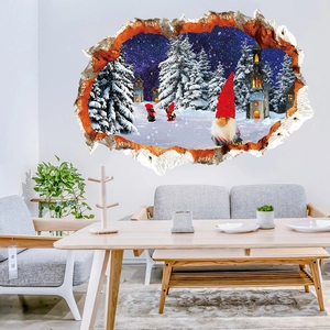 3D winter Christmas wall sticker with Santa gnomes and snowy pine trees for home decor