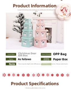 Detail of nested Christmas reindeer gift boxes in pink and teal paper with festive patterns