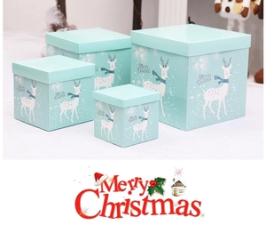 Detail view of light green Christmas gift boxes set with reindeer patterns and Merry Christmas text