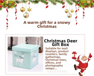 Detail view of a mint green Christmas deer gift box with Merry Christmas pattern and lid