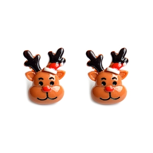 Hand-painted Christmas reindeer stud earrings in brown alloy with red nose detail