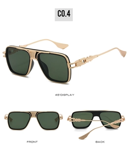 Detail view of square metal punk sunglasses with textured bridge and industrial temples