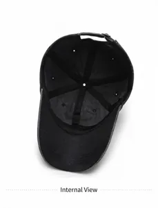 Detailed interior view of a black washed cotton baseball cap with adjustable strap