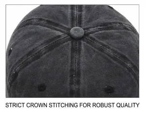 Close-up macro view showing top stitching and button of a black washed canvas baseball cap