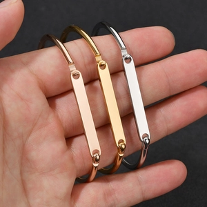 Minimalist C-shaped metal cuff bracelets with rectangular engraving plate in three colors