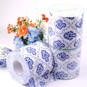 Close-up of blue and white porcelain floral pattern printed on bathroom toilet paper rolls