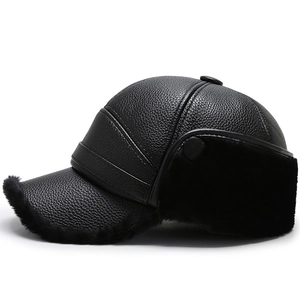 Winter faux leather baseball cap with black plush ear flaps for elderly men's warmth